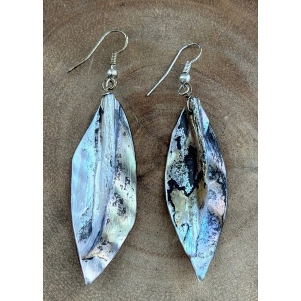 Vintage Abalone Carved Leaf Dangle Drop  Earrings Silver Tone